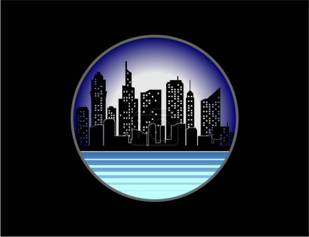 Téléchargez les illustrations : Logo skyline de la ville en cadre circulaire. modèle de vecteur de logo pour l'entreprise - en licence libre de droit