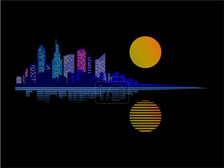 Illustration for Illustration of a city on a lake with a full moon sighting. You can see the reflection of the lights of the multi-storey building and the moon. on the water surface. - Royalty Free Image