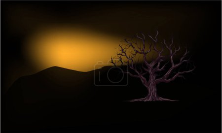 Illustration for Illustration of the atmosphere of the rising sun against the background of mountains and dry trees - Royalty Free Image