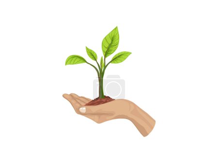 Ilustración de Tierra de mano con plantas en crecimiento. - Imagen libre de derechos