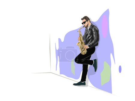 Téléchargez les illustrations : Illustration de joueur de saxophone. un homme jouant au saxophone adolphe - en licence libre de droit