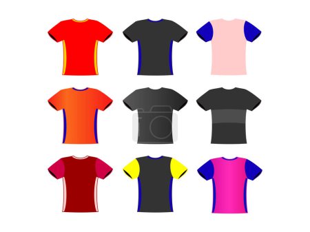 Illustration for Multicolor Basic Tee shirt fashion flat technical drawing template. Blank flat Short sleeve t-Shirt design vector illustration Front View. - Royalty Free Image