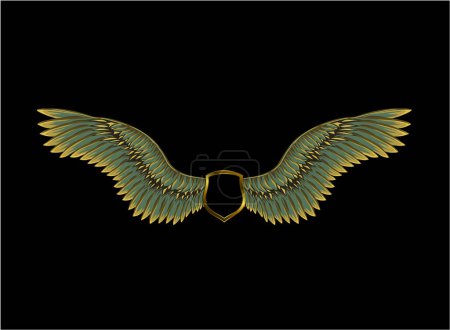 Téléchargez les illustrations : Modèle de logo ailes et bouclier avec couleur or. ailes d'ange de luxe dans des milieux noirs. - en licence libre de droit