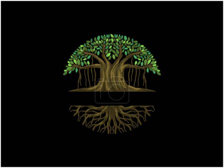 Téléchargez les illustrations : Logo de l'arbre Banyan isolé sur fond noir - en licence libre de droit