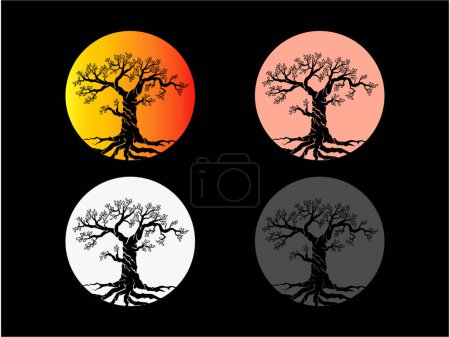 Illustration for Abstract tree and circle emblem collections. colorful hand drawing tree with a full moon. - Royalty Free Image