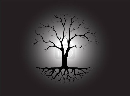 Ilustración de Silueta de un árbol muerto y raíces. ilustración temática de terror con concepto de árbol seco en la noche sobre fondo de luz de luna - Imagen libre de derechos