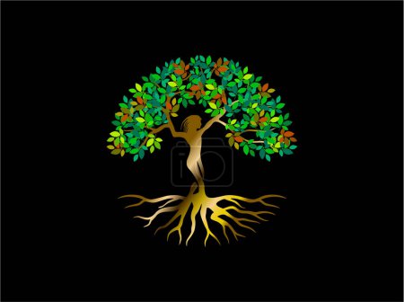 Ilustración de Logotipo abstracto del árbol de la mujer con color dorado brillante y metálico, vector - Imagen libre de derechos
