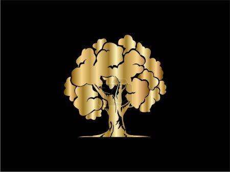 Illustration for Golden oak tree vector on black background. good for logo and print on metal. - Royalty Free Image