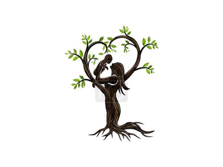 Résumé Logo de l'arbre humain. Illustration vectorielle d'arbre unique d'une mère tenant un bébé.
