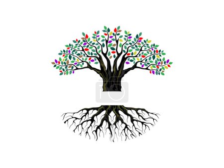 Ilustración de Plantilla de logotipo de árbol y raíces con hojas de colores. vector editable - Imagen libre de derechos