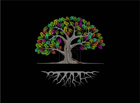 Ilustración de Abstracto hermoso árbol y raíces logotipo plantilla con hojas de colores. aislado sobre fondo negro y vector editable - Imagen libre de derechos