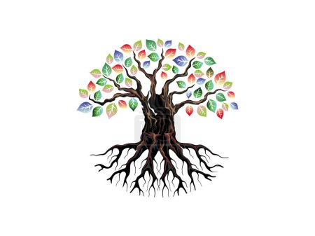 Ilustración de Diseño del logotipo del árbol vibrante antiguo, hojas de color arco iris, vector raíz - Imagen libre de derechos