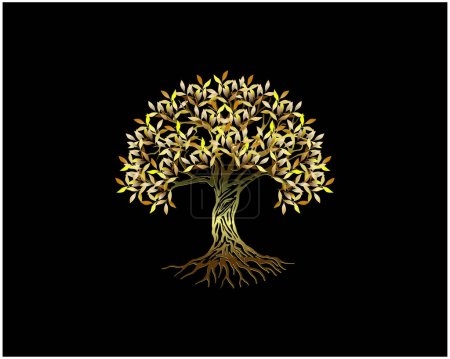Téléchargez les illustrations : Modèle de conception de logo arbre doré, vecteur isolé sur fond noir - en licence libre de droit
