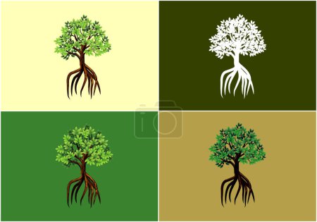 Illustration for Mangrove tree with long roots collection vector illustration with various color background. - Royalty Free Image