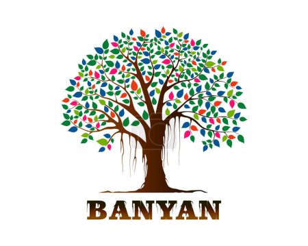Ilustración de Banyan árbol logotipo vector ilustración con hojas de arco iris. logotipo editable y listo para imprimir - Imagen libre de derechos