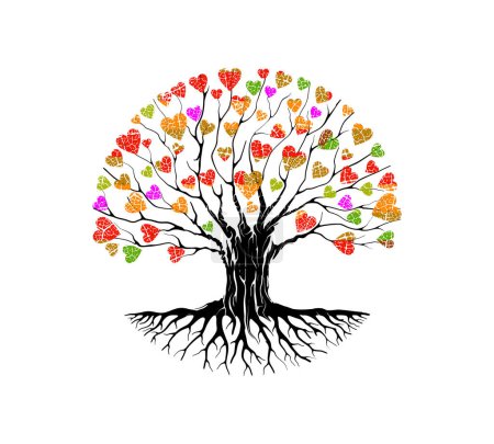 Téléchargez les illustrations : Conception abstraite de logo d'arbre vibrant, arbre circulaire avec le symbole de coeur en forme de feuilles. vecteur racine - en licence libre de droit