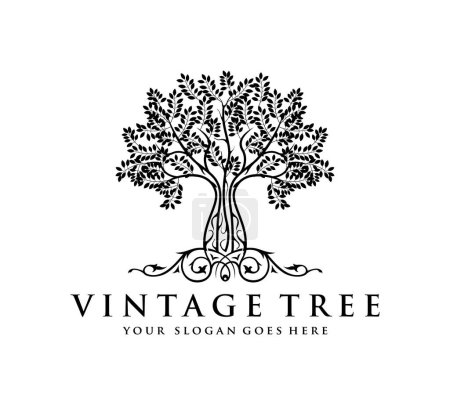 Téléchargez les illustrations : Modèle de logo arbre vintage vecteur isolé - en licence libre de droit