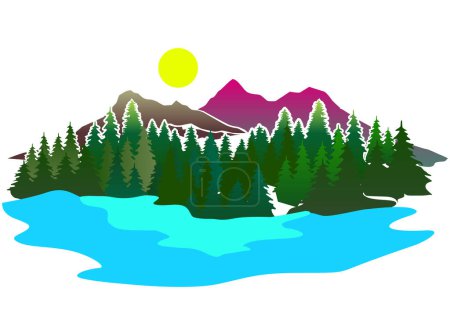 Illustration for Nature landscape illustrations, pine forest and snow mountain. - Royalty Free Image