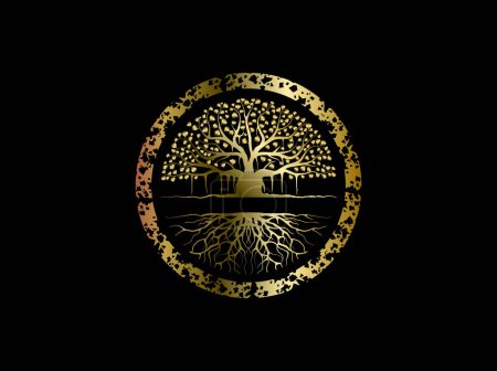 Ilustración de Logotipo del árbol de banyan vibrante dorado con marco de círculo - Imagen libre de derechos