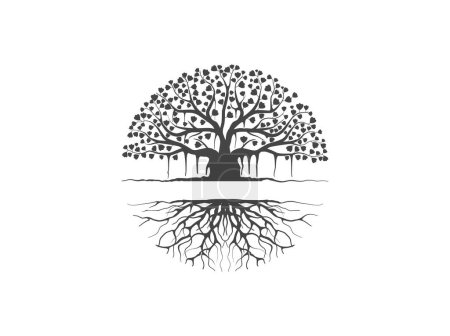 Ilustración de Plantillas de logotipo de silueta de árbol y raíces con forma circular, roble con el hueco entre el árbol y la raíz para rellenar la escritura. - Imagen libre de derechos