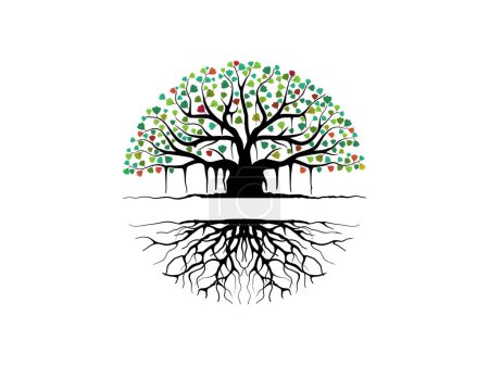 Ilustración de Plantillas de logotipo de árbol y raíces de Banyan con forma circular, árbol de roble con el hueco entre el árbol y la raíz para rellenar la escritura. - Imagen libre de derechos