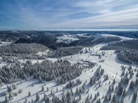 Luftbilder am Feldberg und Herzogenhorn im Winter mit verschneiten Wäldern im Schwarzwald