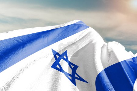 Photo for Israel national flag cloth fabric waving on beautiful grey Background. - Royalty Free Image