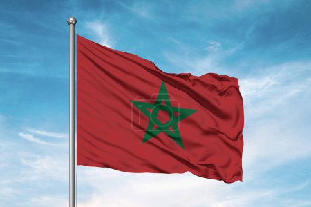 Morocco national flag cloth fabric waving on beautiful cloudy Background.