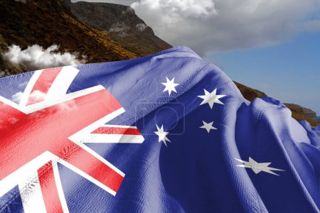 Photo for Australia national flag cloth fabric waving on beautiful Mountain Background. - Royalty Free Image