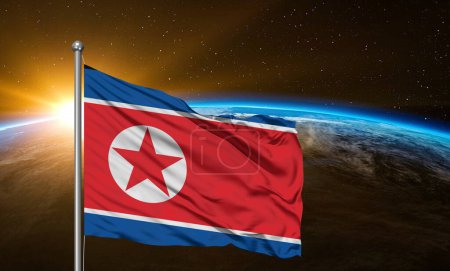 Foto de Corea, tela de tela de bandera nacional del norte ondeando sobre tierra hermosa Fondo. - Imagen libre de derechos
