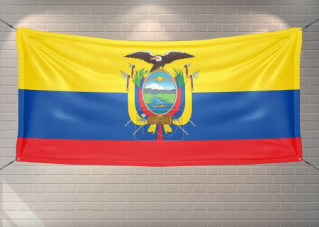 Ecuador national flag cloth fabric waving on beautiful bricks Background.