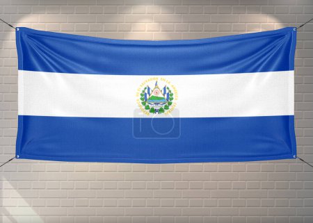 El Salvador national flag cloth fabric waving on beautiful bricks Background.
