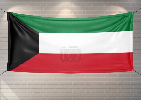 Kuwait national flag cloth fabric waving on beautiful bricks Background.