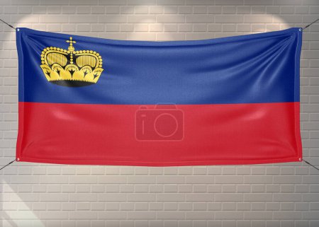 Liechtenstein national flag cloth fabric waving on beautiful bricks Background.