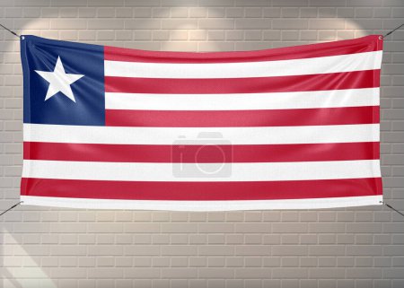 Liberia national flag cloth fabric waving on beautiful bricks Background.