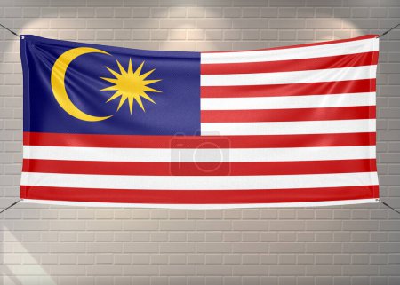 Malaysia national flag cloth fabric waving on beautiful bricks Background.