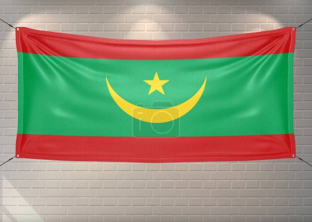Mauritania national flag cloth fabric waving on beautiful bricks Background.