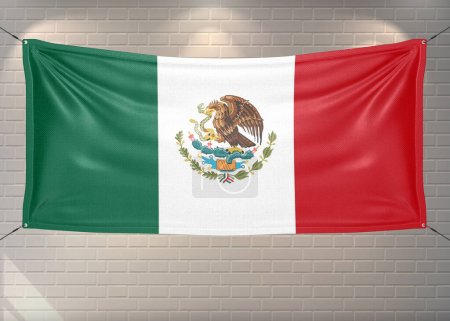 Mexico national flag cloth fabric waving on beautiful bricks Background.