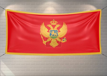 Montenegro national flag cloth fabric waving on beautiful bricks Background.