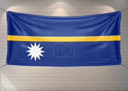Nauru national flag cloth fabric waving on beautiful bricks Background.