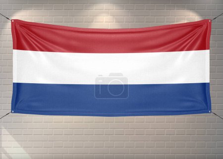 Netherlands national flag cloth fabric waving on beautiful bricks Background.