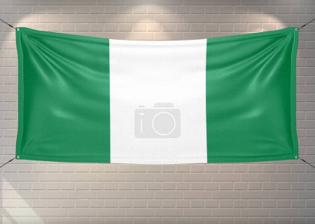 Nigeria national flag cloth fabric waving on beautiful bricks Background.