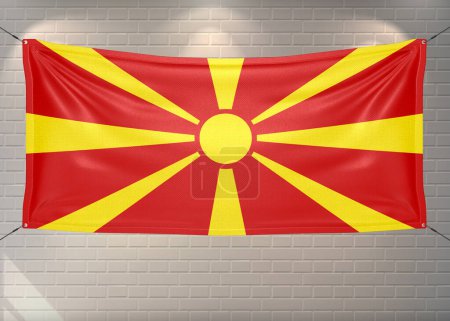 North Macedonia national flag cloth fabric waving on beautiful bricks Background.