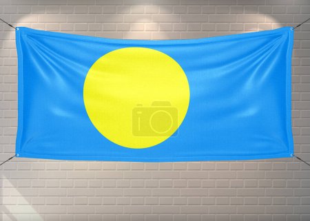 Palau national flag cloth fabric waving on beautiful bricks Background.