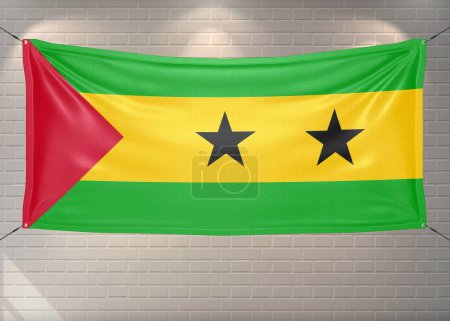 Sao Tome und Principe Nationalflagge Stoff weht auf schönen Ziegeln Hintergrund.