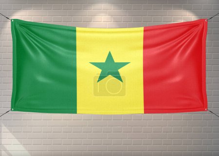 Senegal national flag cloth fabric waving on beautiful bricks Background.