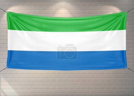 Sierra Leone national flag cloth fabric waving on beautiful bricks Background.