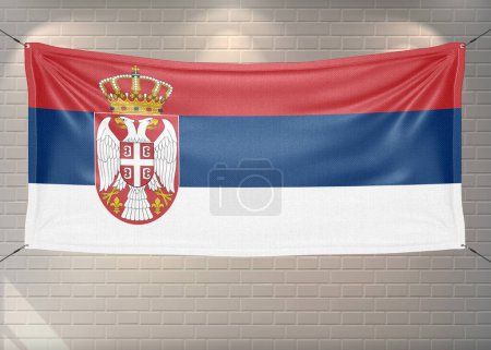 Serbien Nationalflagge Stoff weht auf schönen Ziegeln Hintergrund.