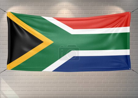 Südafrika Nationalflagge Stoff weht auf schönen Ziegeln Hintergrund.