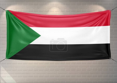 Sudan national flag cloth fabric waving on beautiful bricks Background.